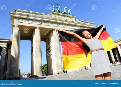 German Flag Woman Joy at Berlin Brandenburger Tor Stock Image - Image ...