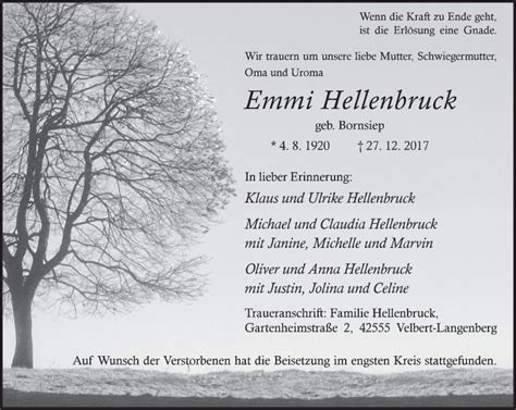 Traueranzeigen Von Emmi Hellenbruck Trauer In Nrw De