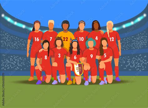 Women S Football Team Before Match On Modern Stadium Background Vector Illustration Stock