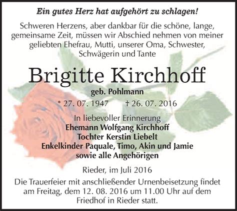 Traueranzeigen Von Brigitte Kirchhoff Abschied Nehmen De