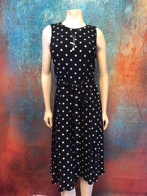 Lauren Ralph Lauren Black White Polka Dot Belted Fit Andflair Jersey Midi Dress 12