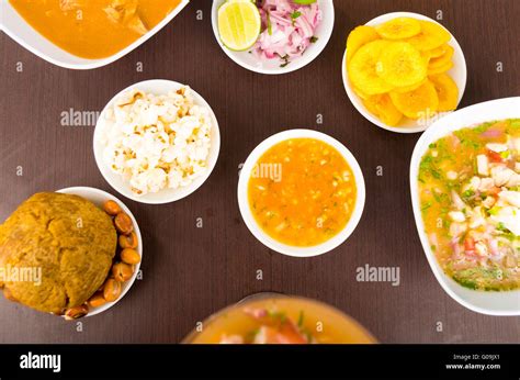 delicious traditional food  ecuador aji ceviche pop corn bolon