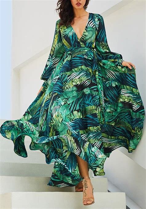 Green Palm Leaf Pattern Floral Deep V Neck Long Sleeve Flowy Bohemian