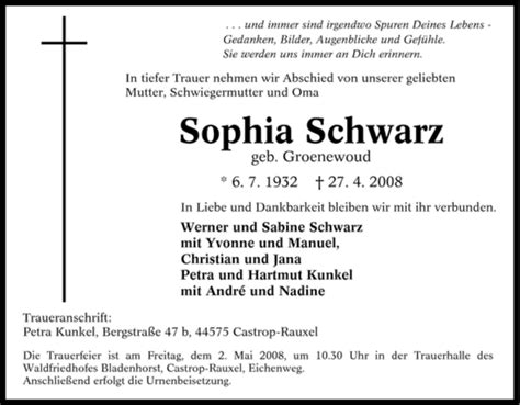 Traueranzeigen Von Sophia Schwarz Trauer In Nrw De