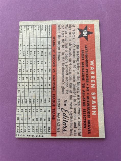 1958 Topps Set Break 494 Warren Spahn All Star EX EXMINT HOFer EBay