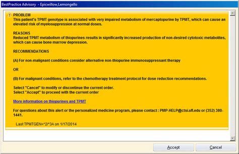 Sample Epic Best Practice Advisory Alert For Tpmt Genotype Testing Download Scientific Diagram