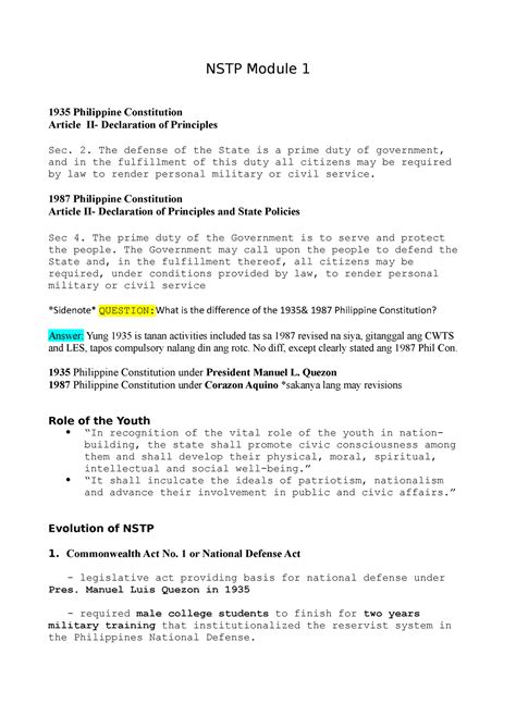 Nstp Module 1 First Year Lessons In Tourism Nstp Module 1 1935 Philippine Constitution