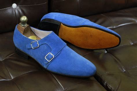 Mens New Handmade Leather Shoes Blue Suede Leather Double Monk Strap Dress And Formal Shoes