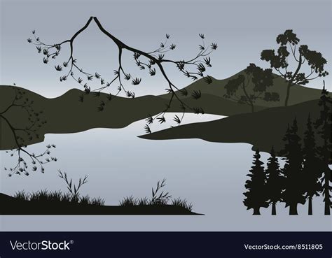 Silhouette of lake and mountain Royalty Free Vector Image