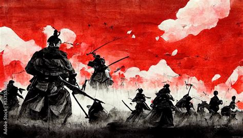 Anime Style Japanese Samurai Army Fighting With Enemy Large Scene