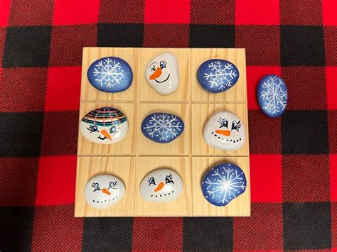 Tic Tac Toe Winter Christmas Wooden And Stone Snowman Game Etsy