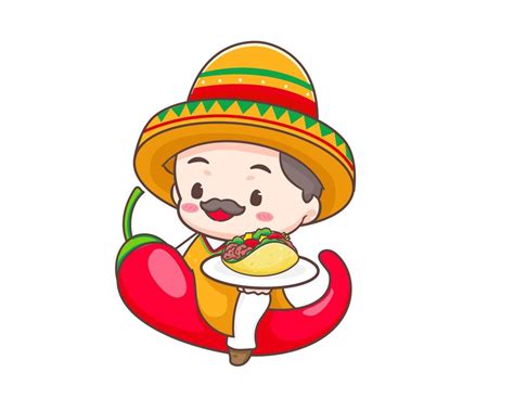 Tacos Logo Cartoon Illustration Cute Chef Wears Sombrero Hat Holding