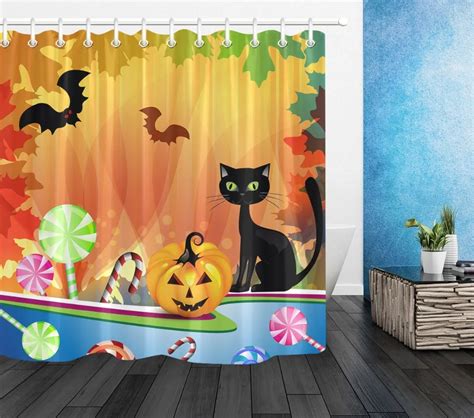 Lb Funny Halloween Pumpkin Candies Bat And Black Cat Shower Curtains