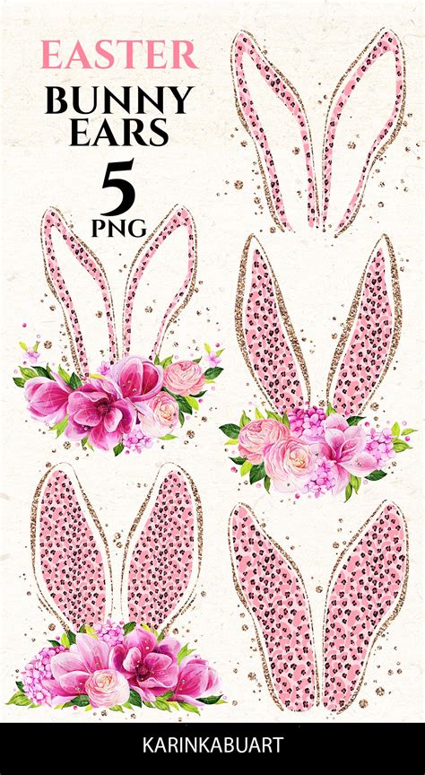 Watercolor Leopard Easter Floral Bunny Ears Clipart Set Subl