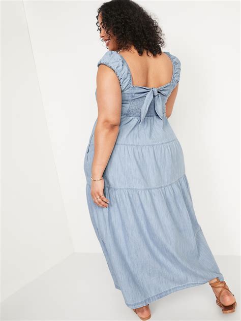 Chambray Tiered All Day Fit And Flare Maxi Dress Old Navy