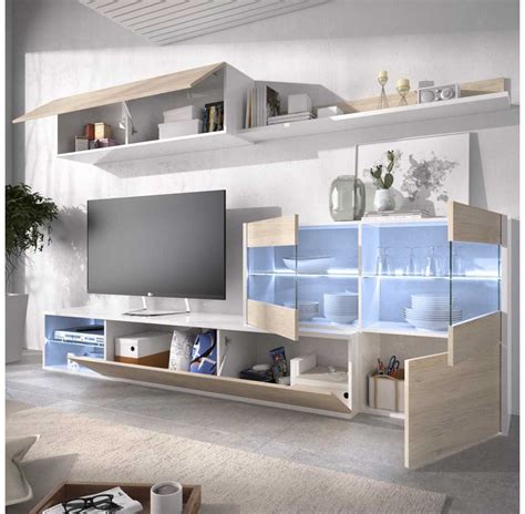 Mueble Sal N Para Tv Con Vitrina Y Leds Modelo Lisboa Blanco Brillo Y