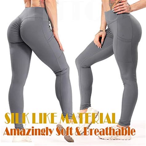 Fittoo Womens Scrunch Yoga Pants Sport Workout Leggings High Waist Tight Side Pocket Greys