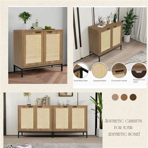 Anmytek Rustic Oak Rattan Storage Cabinet With 2 Doors Farmhouse Wood Sideboard Buffet With