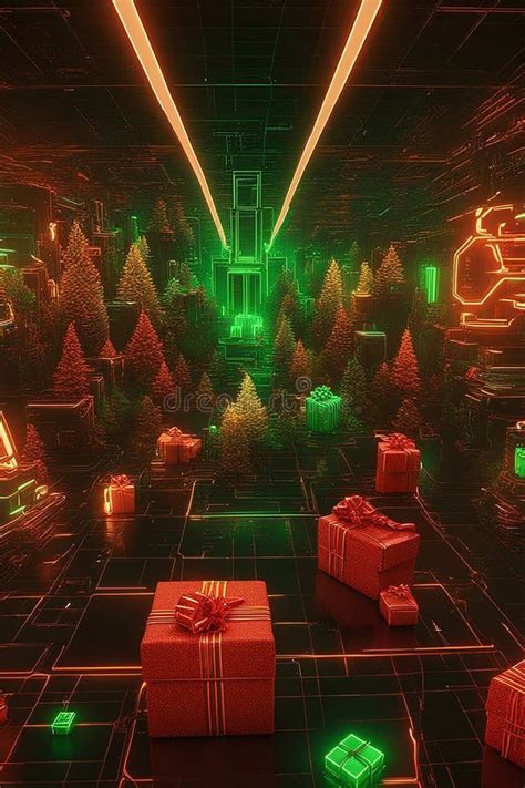 Cyberpunk Christmas 3D Illustration Of Beautiful Science Fiction Stock