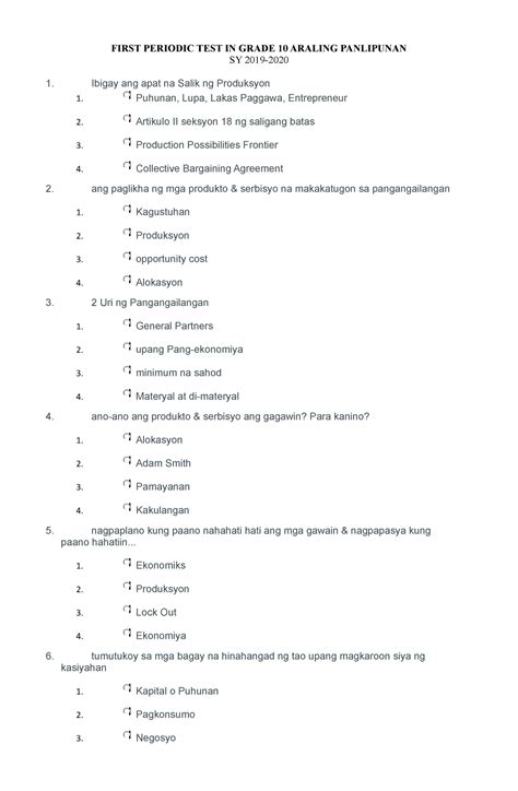 1st Periodic Test AP 10 FIRST PERIODIC TEST IN GRADE 10 ARALING