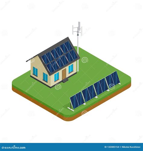 Isometric Eco Friendly House With Wind Turbines And Solar Panels Green