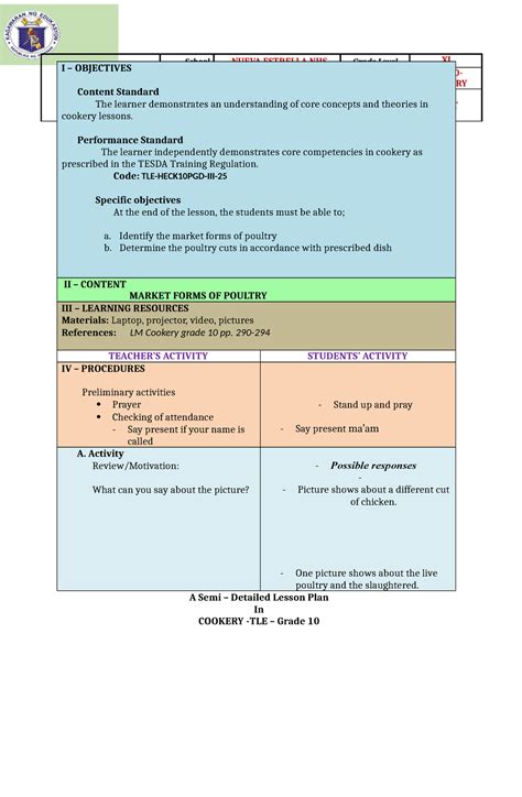 Cot 1 Ssd Tle Lessson Plan A Semi Detailed Lesson Plan In Cookery