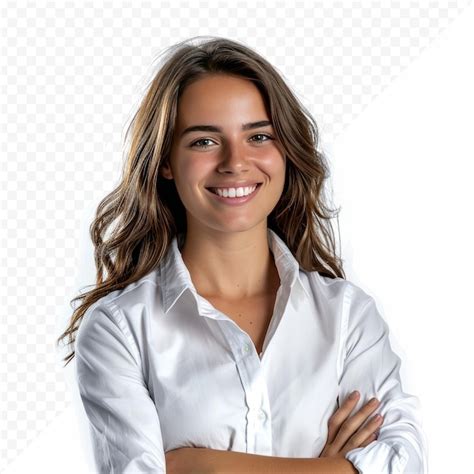 Premium PSD Cheerful Brunette Business Woman Student In White Button