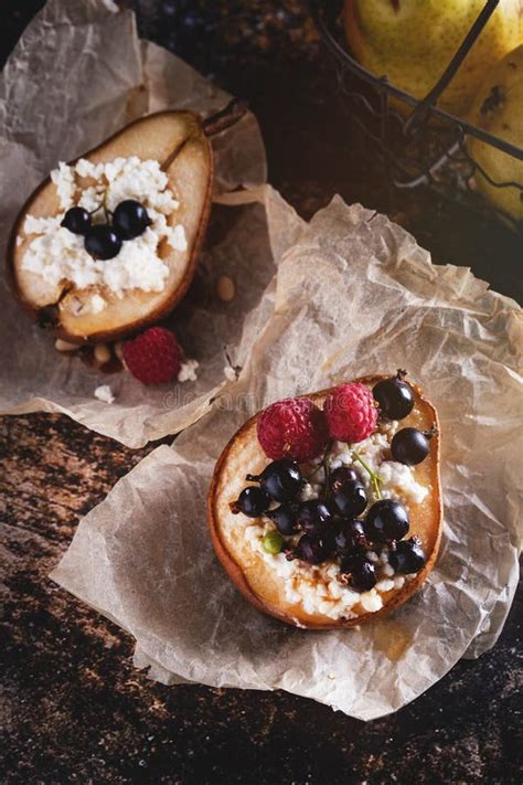 Baked Pear With Honey Cottage Cheese Raspberries And Currants Fresh Homemade Dessert Food