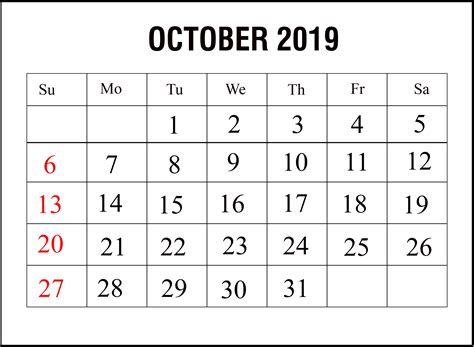 😃[Free}*^ October 2019 Printable Calendar for Word, Excel & PDF