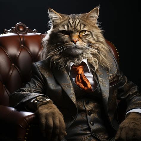 Premium Photo Araffe Cat In A Suit Sitting In A Chair With A Tie