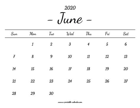 June Calendar 2020 Printable A Printable Calendar