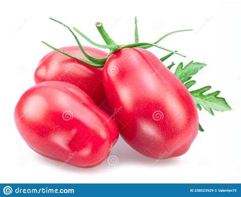 Tres Tomates Rosados Ciruelas Con Hojas De Tomate Aisladas En Fondo