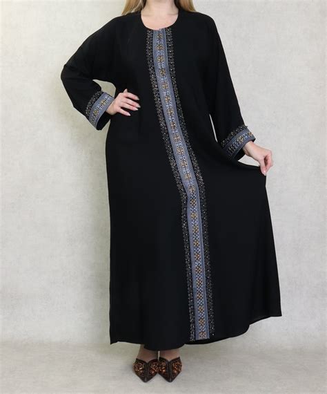 Robe Abaya Duba Noire De Qualit Avec Bande Brod E Et Strass Id Ale