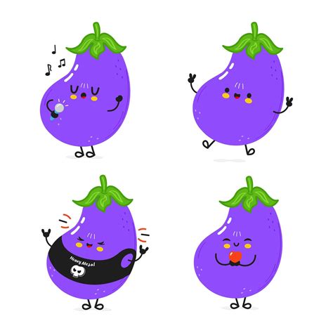 Funny Eggplant Characters Bundle Set Vector Hand Drawn Doodle Style