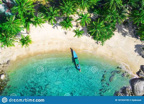 Aerial View Of Tropical Beach And Longtail Boat Koh Tao Thailand