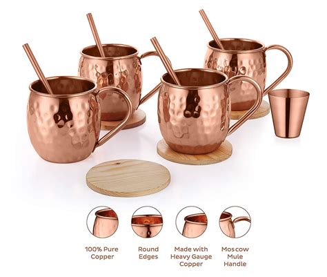 AVADOR Set Of 4 Handcrafted 100 Pure Copper Moscow Mule Mugs Hammered