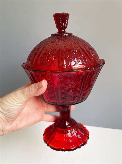 Vintage Ruby Red Fenton Glass Candy Dish With Lid Covered Compote Daisy Design Cottagecore Decor