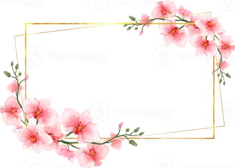 Aquarela De Flores Cor De Rosa Com Moldura Geométrica De Ouro 9369475 Png