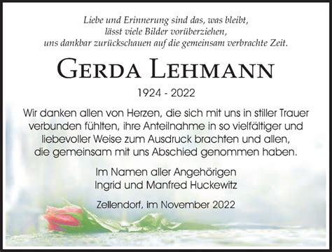 Traueranzeigen Von Gerda Lehmann Trauer Anzeigen De