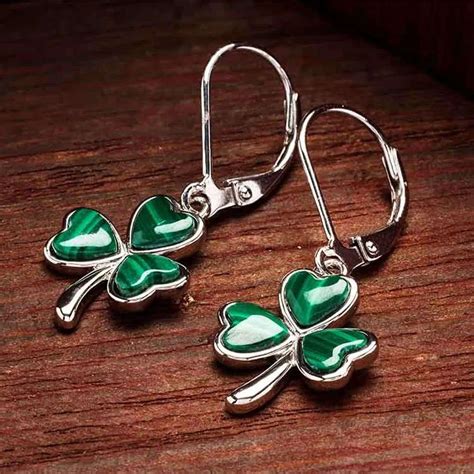 Silver Shamrock Drop Earrings With Green Malachite Claddaghrings