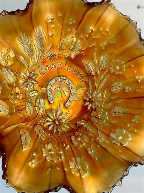 Lot Antique Northwood Carnival Glass Good Luck Marigold Ruffled Bowl 875 Diameter