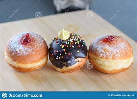 Round Jelly Or Jam Doughnut Sufganiyot And Chocolate Sufganiyah For