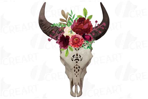 Carved skull Watercolor floral buffalo skull clipart Indian | Etsy