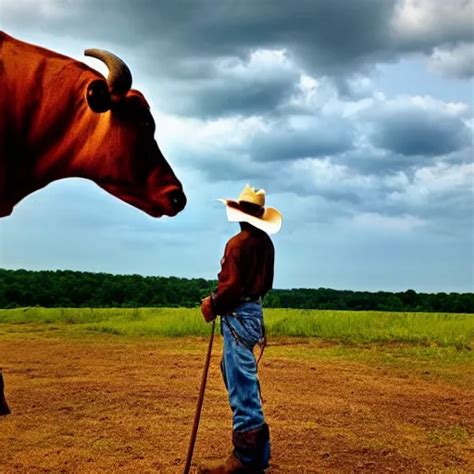 A Cowboy Riding A Cow Next To The Ozarks Stable Diffusion