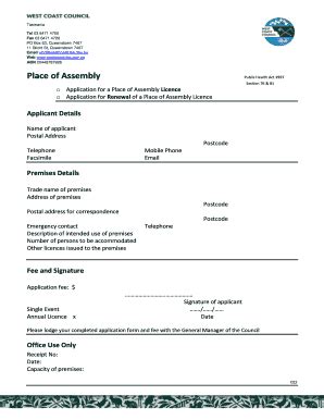 Fillable Online Westcoast Tas Gov Place Of Assembly Application Form