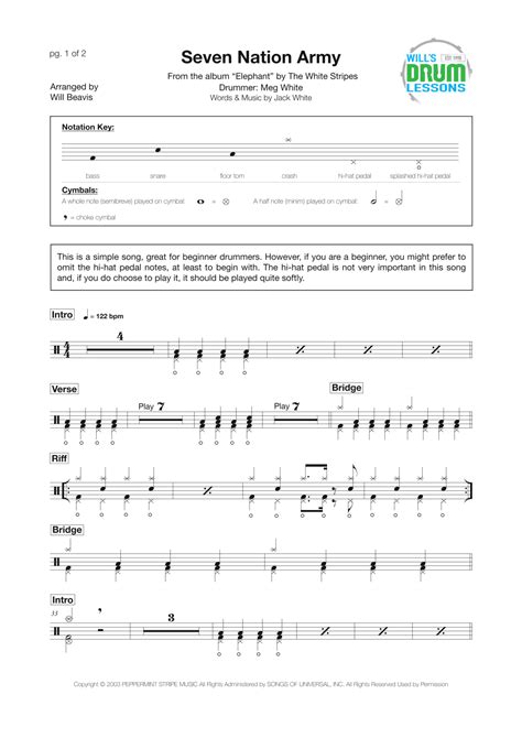 Seven Nation Army Arr Will Beavis Sheet Music White Stripes Drums