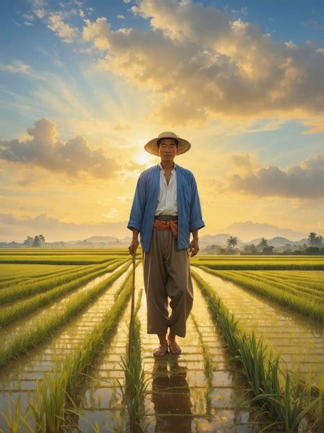 A Farmer Standing In A Wheat Field Under A Beautiful Sunset Sky