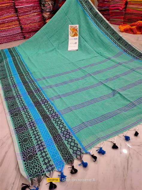 Stunning Sea Green Pure Handwoven Bengal Cotton Saree With Beautiful