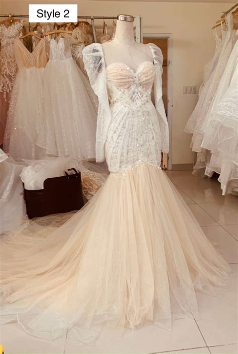 Sexy Nude Beige Tan Flutter Or Long Sleeves Lace Sparkly Mermaid Wedding Dress Various Styles