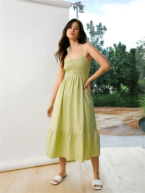 Petite Poppy Shirred Midi Dress Retro Green Pomelo Fashion